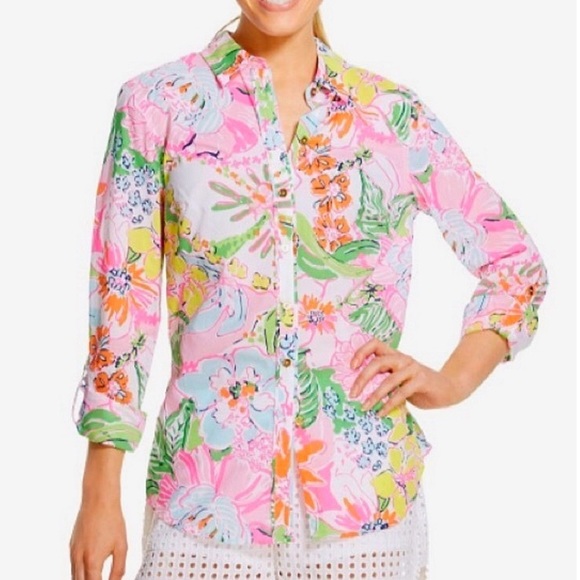 Lilly Pulitzer Target Nosey Posey Pink Aqua Blue Floral Button Down Blouse - S - Picture 1 of 15